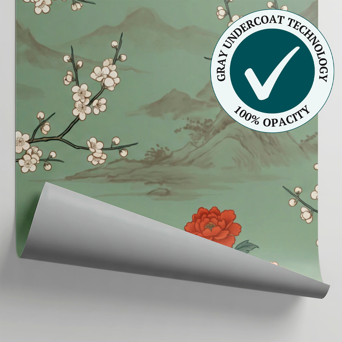 Blossom Pavilion Green Chinoiserie Wallpaper - Sage Botanical Japanese Greenery Peel and Stick Mural - Matière