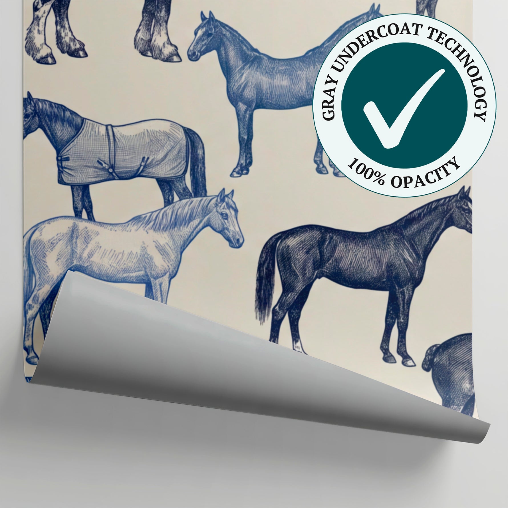 Equine Sketchbook Blue Horse Wallpaper - Navy Blue and White Cream Animal Peel and Stick Wall Mural - Matière