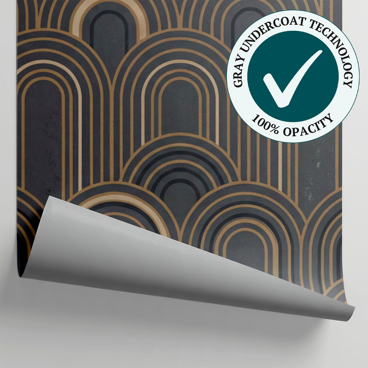 Gilded Arches - Gray Art Deco Wallpaper - Grey Geometric Gold Vintage Peel and Stick Wall Mural - Matière