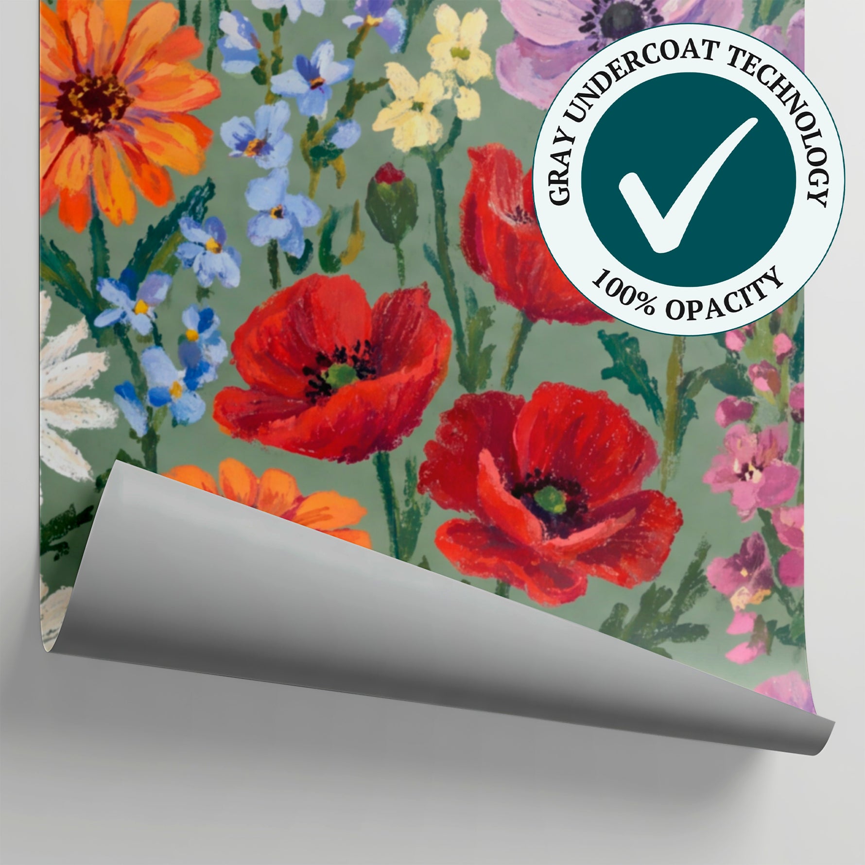 Hollyhock Chorus Green Floral Wallpaper - Vintage Botanical Flower Daisy Peel and Stick Wall Mural - Matière