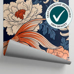 Koi Garden Navy - Japanese Fish Wallpaper - Navy Blue Floral Botanical Orange Flower Peel and Stick - Matière