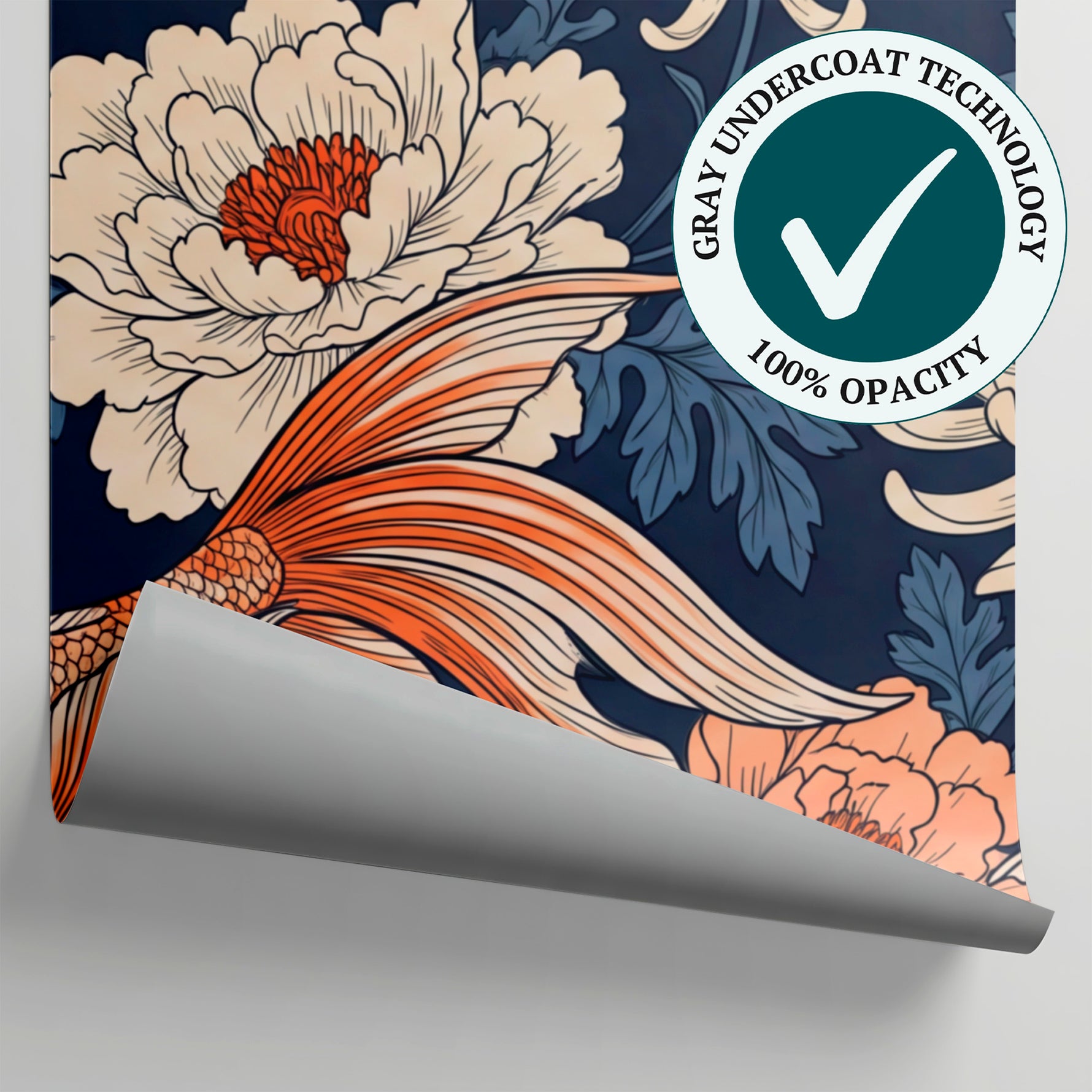 Koi Garden Navy - Japanese Fish Wallpaper - Navy Blue Floral Botanical Orange Flower Peel and Stick - Matière