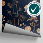 Lacquered Nightfall Blue Chinoiserie Wallpaper - Navy Floral Japanese Botanical Beige Peel and Stick - Matière