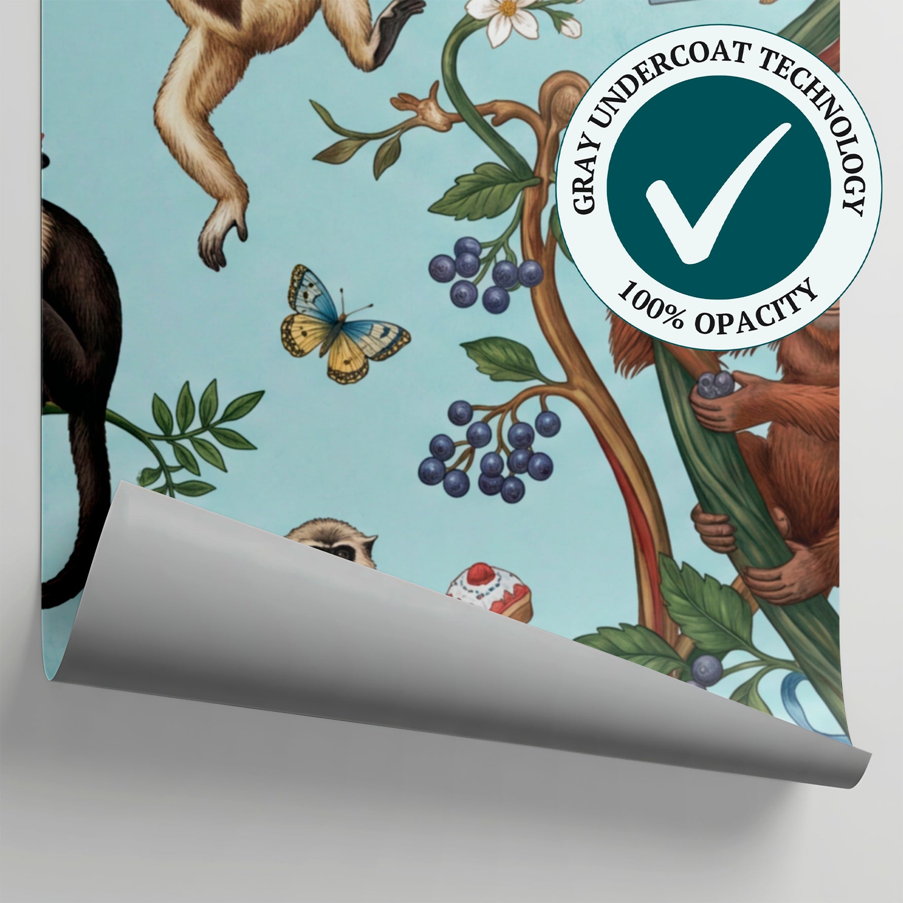 Lantern Vines Blue Monkey Wallpaper - Chinoiserie Botanical Animal Tropical Peel and Stick Wall Mural - Matière