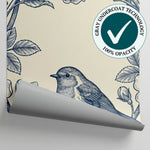 Linen Sparrows Blue Floral Wallpaper - Navy Blue Vintage Rose Botanical Peel and Stick Wall Mural - Matière