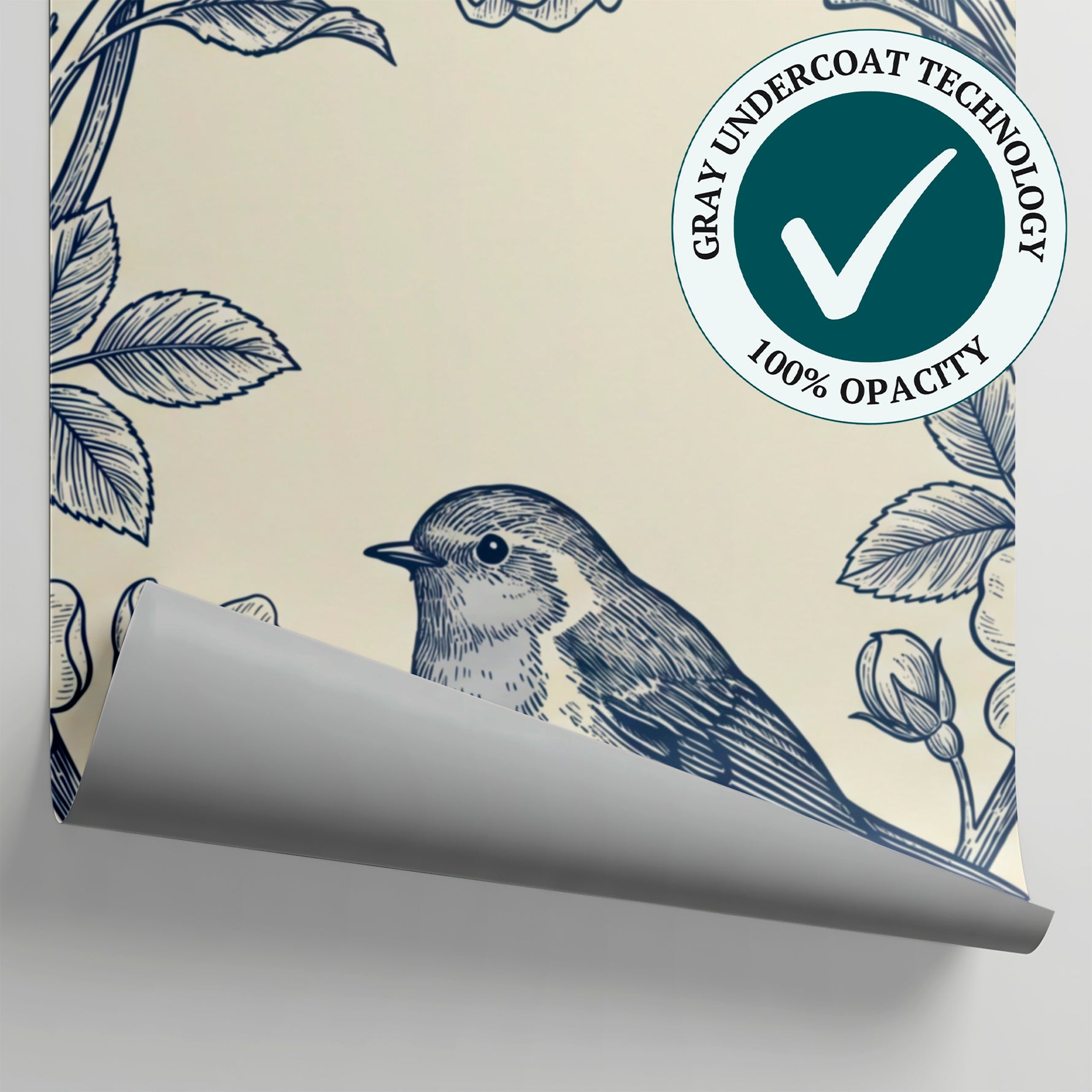 Linen Sparrows Blue Floral Wallpaper - Navy Blue Vintage Rose Botanical Peel and Stick Wall Mural - Matière