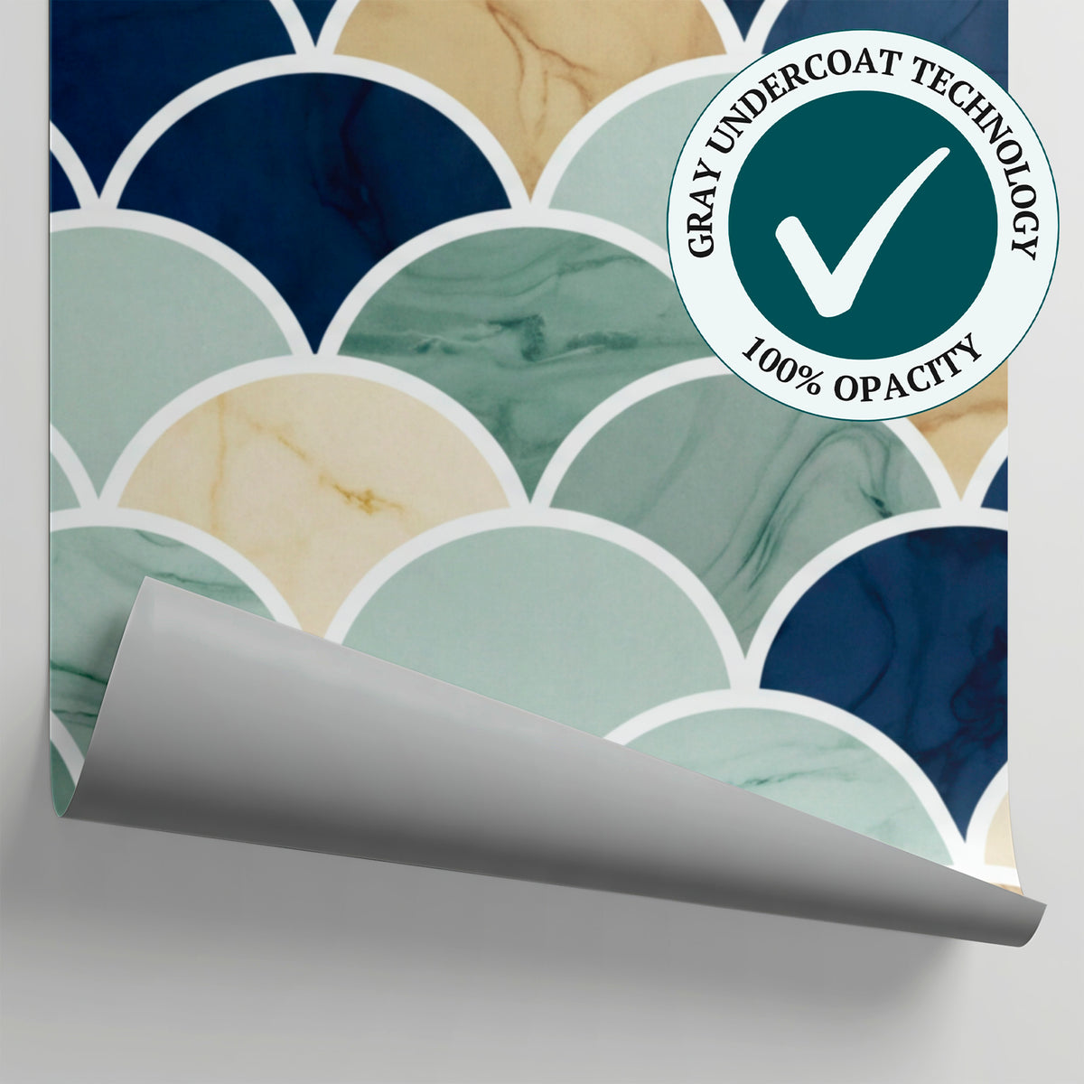 Marbled Crests - Blue Art Deco Wallpaper - Navy Blue Sage Green Geometric Peel and Stick Mural - Matière
