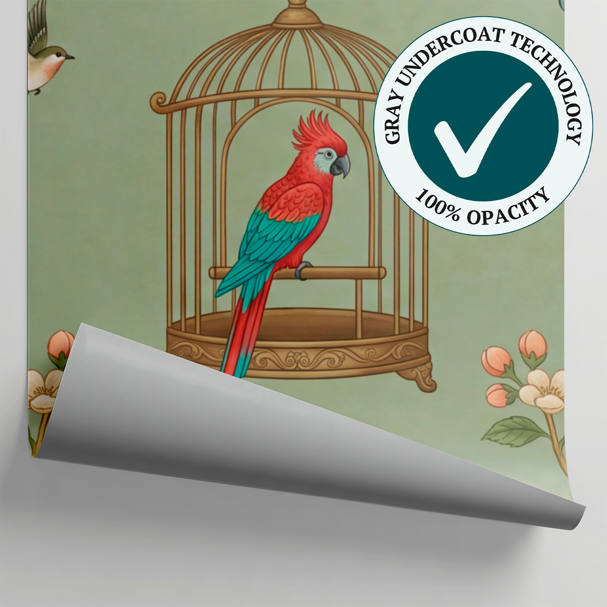 Parrot Promenade Green Chinoiserie Wallpaper - Vintage Japanese Floral Cherry Blossom Botanical Peel and Stick Wall Mural - Matière