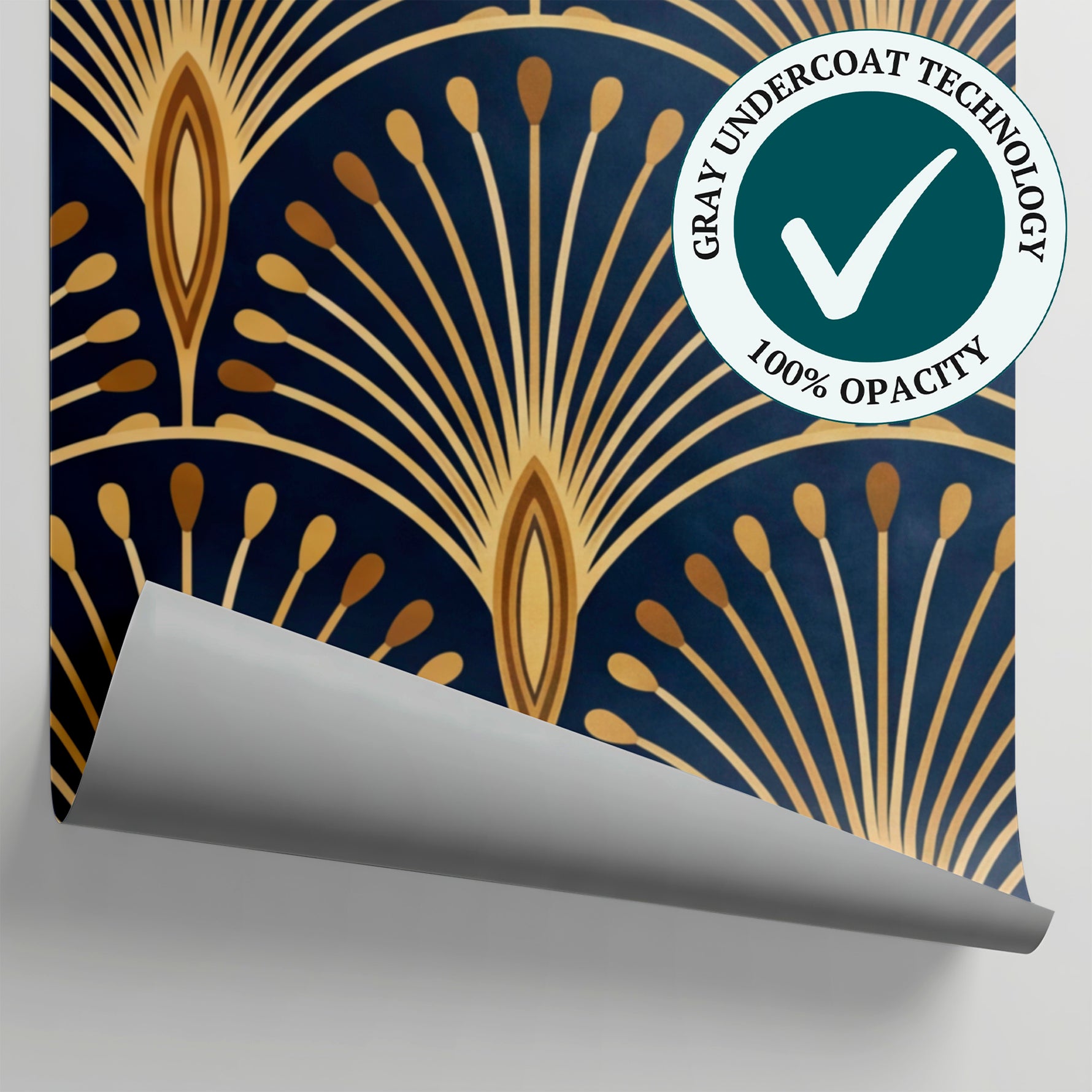 Plume Crescents Blue Art Deco Wallpaper - Navy Blue Gold Peacock Feather Geometric Peel and Stick - Matière