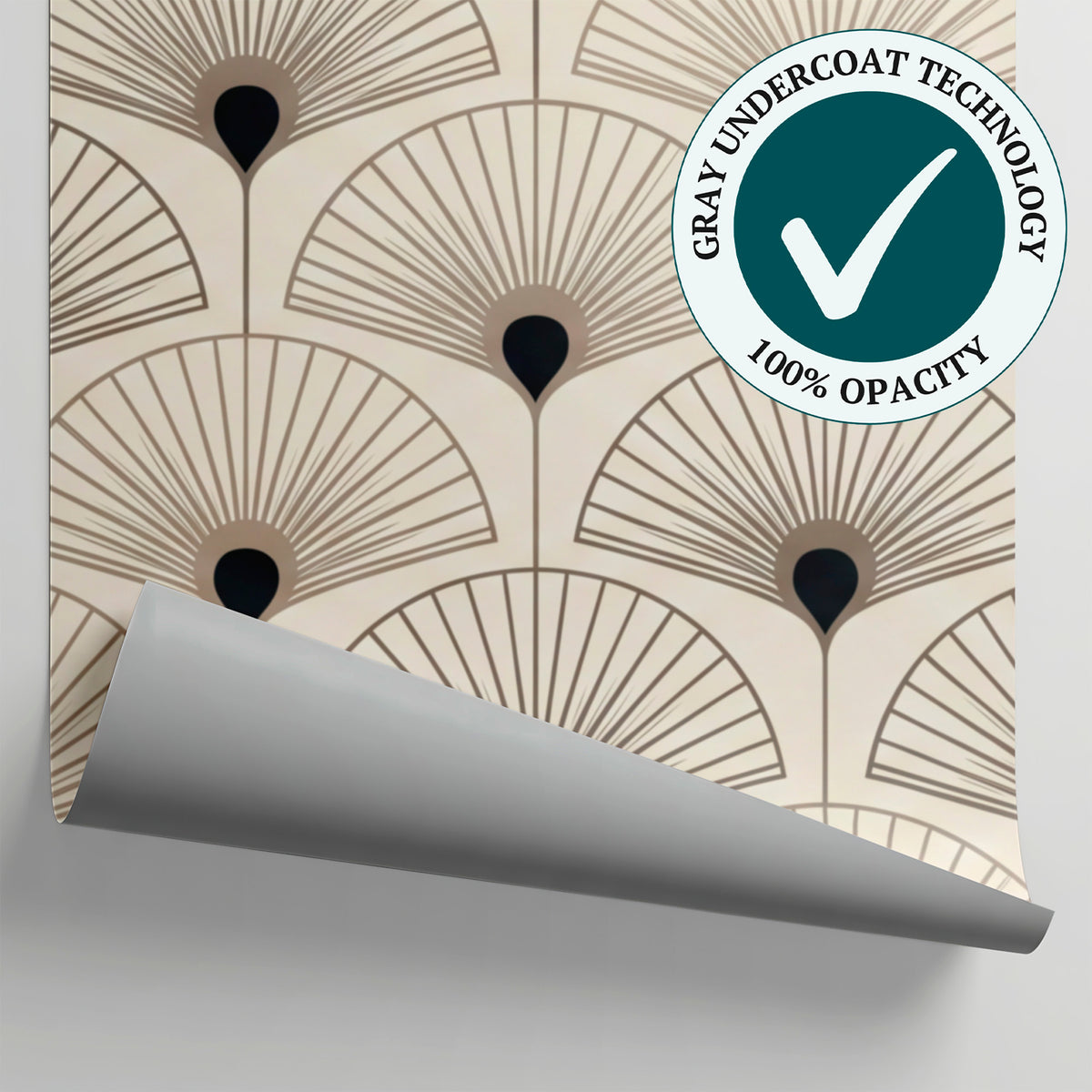 Plume Mirage - Beige Art Deco Wallpaper - Geometric Peacock Feather Vintage Peel and Stick Mural - Matière