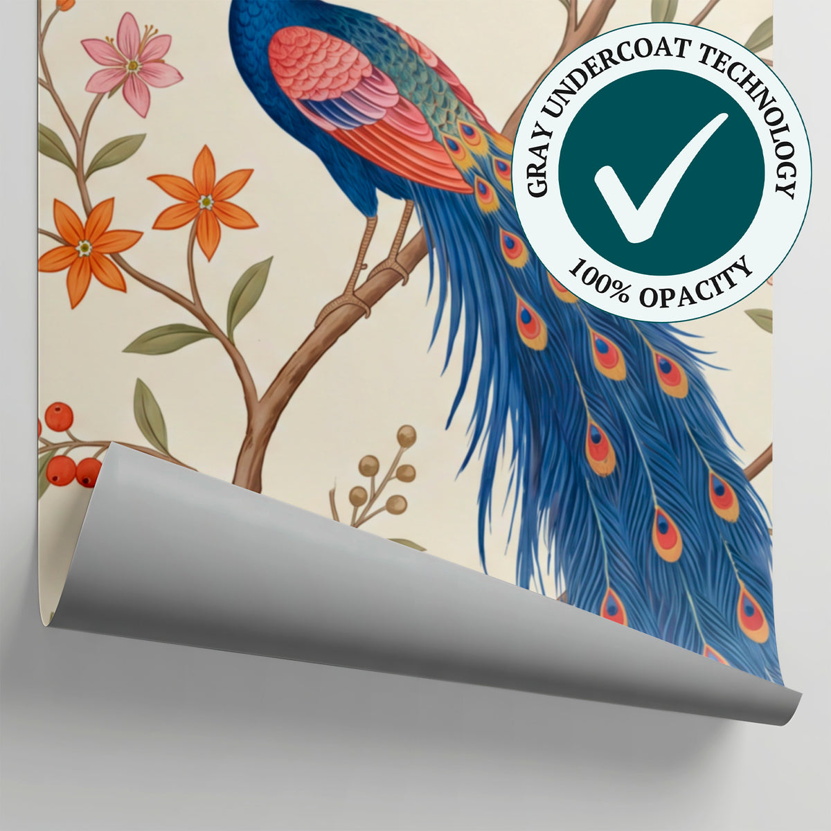 Plumed Thicket Beige Chinoiserie Wallpaper - Vintage Peacock Botanical Peel and Stick Wall Mural - Matière