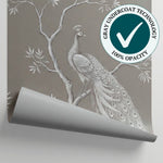 Silent Plumage - Gray Chinoiserie Wallpaper Peacock Wall Mural - Art Deco Feather Peel and Stick - Matière