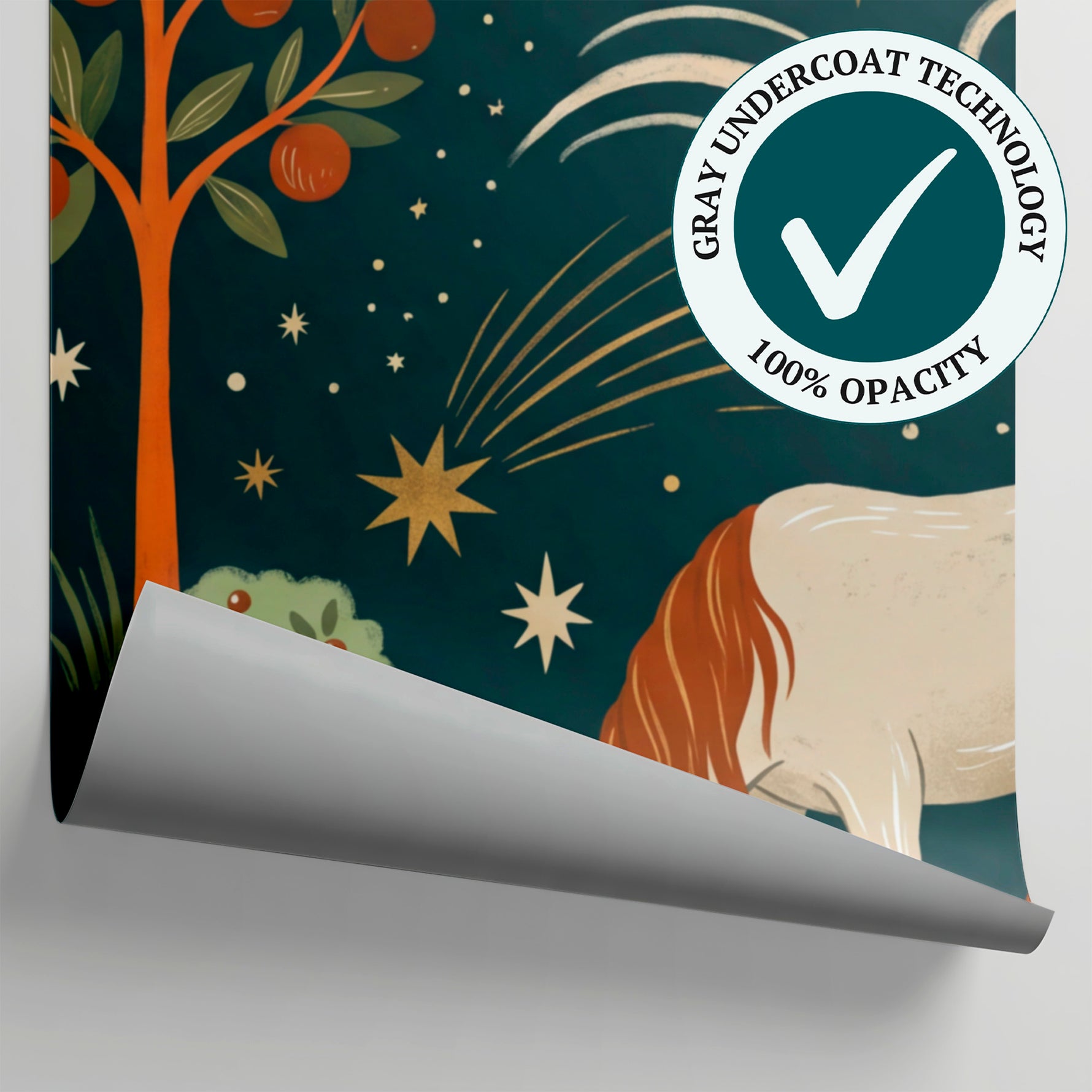 Starlit Orchard Ponies Horse Wallpaper for Kids - Dark Teal Nursery Animal Botanical Peel and Stick Mural - Matière