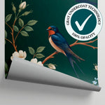 Swallow Chinoiserie - Green Floral Wallpaper - Dark Green Vintage Japanese Peel and Stick Wall Mural - Matière