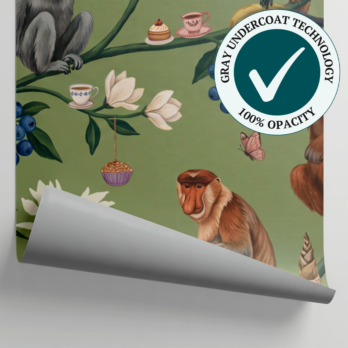 Teacup Canopy Green Monkey Wallpaper - Chinoiserie Botanical Greenery Peel and Stick Wall Mural - Matière