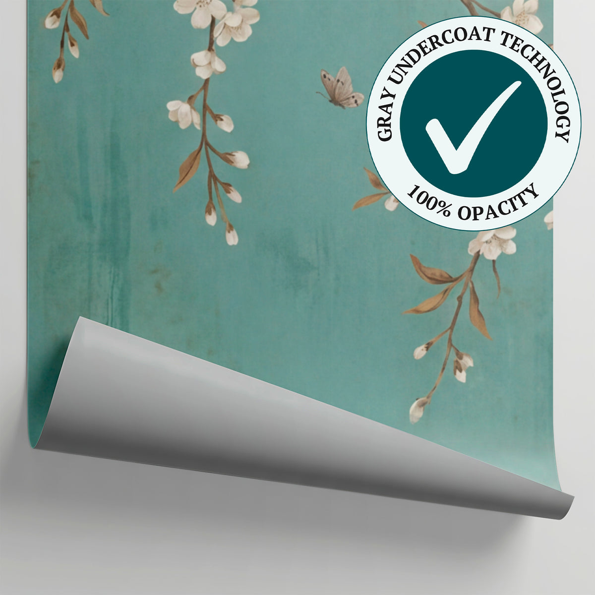 Whispering Branches - Blue Cherry Blossom Wallpaper - Teal Chinoiserie Vintage Floral Peel and Stick Wall Mural - Matière