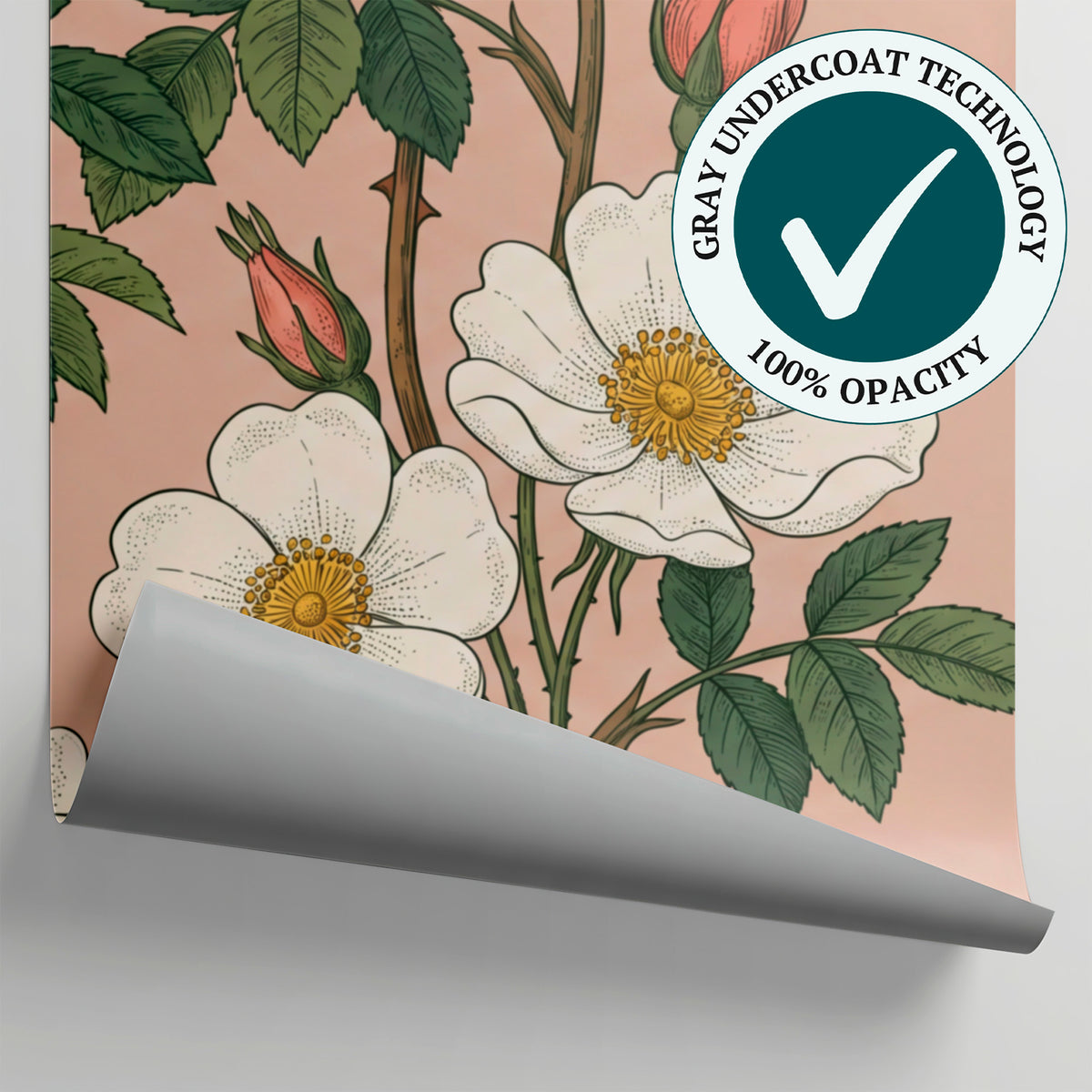 Wildrose Sonnet Pink Rose Wallpaper - Green Vintage Floral Peel and Stick Pink Flower Country Mural - Matière