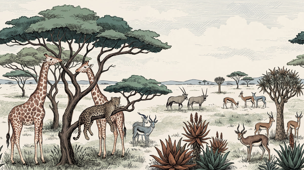 Acacia Wanderlight Beige Safari Wallpaper - Botanical Leopard Greenery Forest Peel and Stick Wall Mural - Design