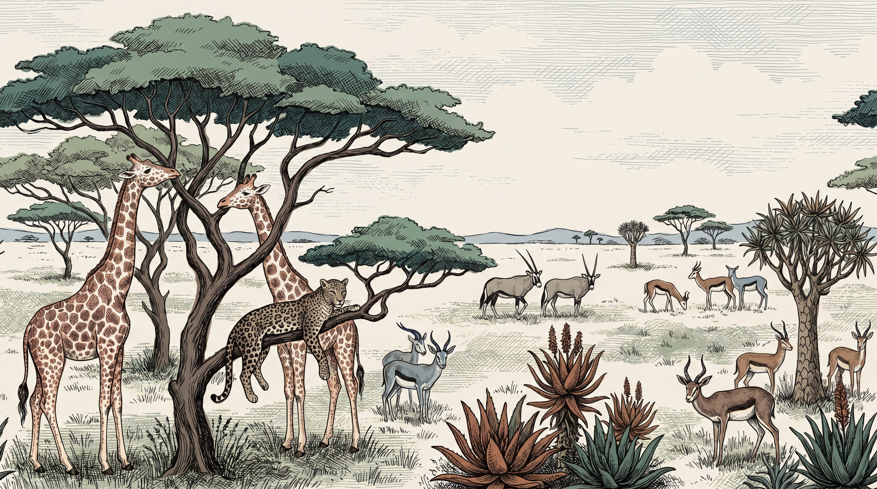 Acacia Wanderlight Beige Safari Wallpaper - Botanical Leopard Greenery Forest Peel and Stick Wall Mural - Design