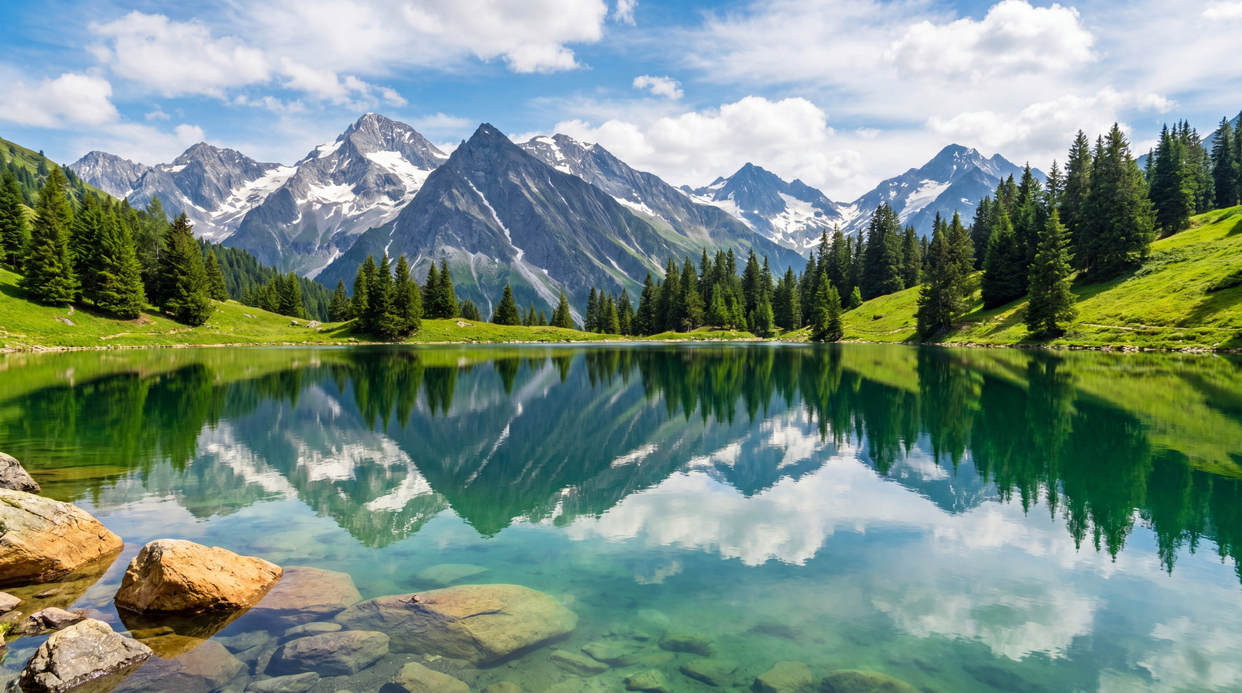 Alpine Mirror - Green Mountain Wallpaper - Scenery Landscape Rocky Wall Mural Peel and Stick - Design
