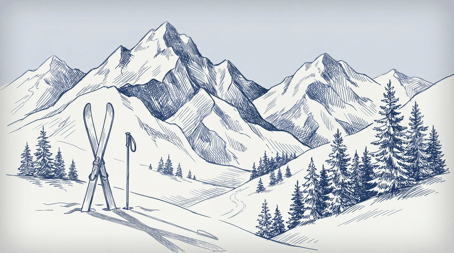 Alpine Sketch - Blue Mountain Wallpaper - Hand-Drawn Scenery Landscape Rocky Peel and Stick Mural - Design