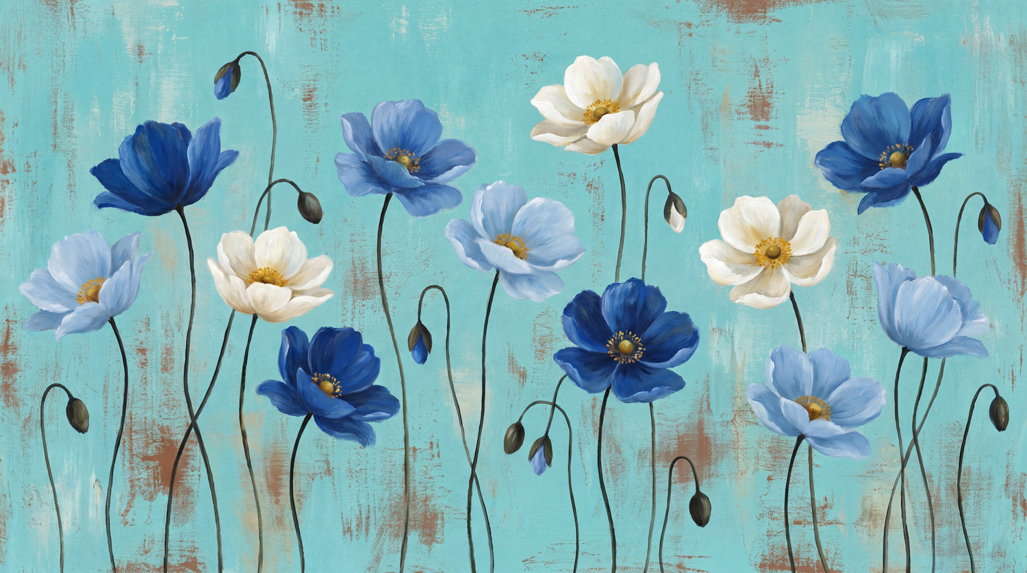 Anemone Verse Blue Floral Wallpaper - Turquoise Flower Vintage Wall Mural Peel and Stick - Design