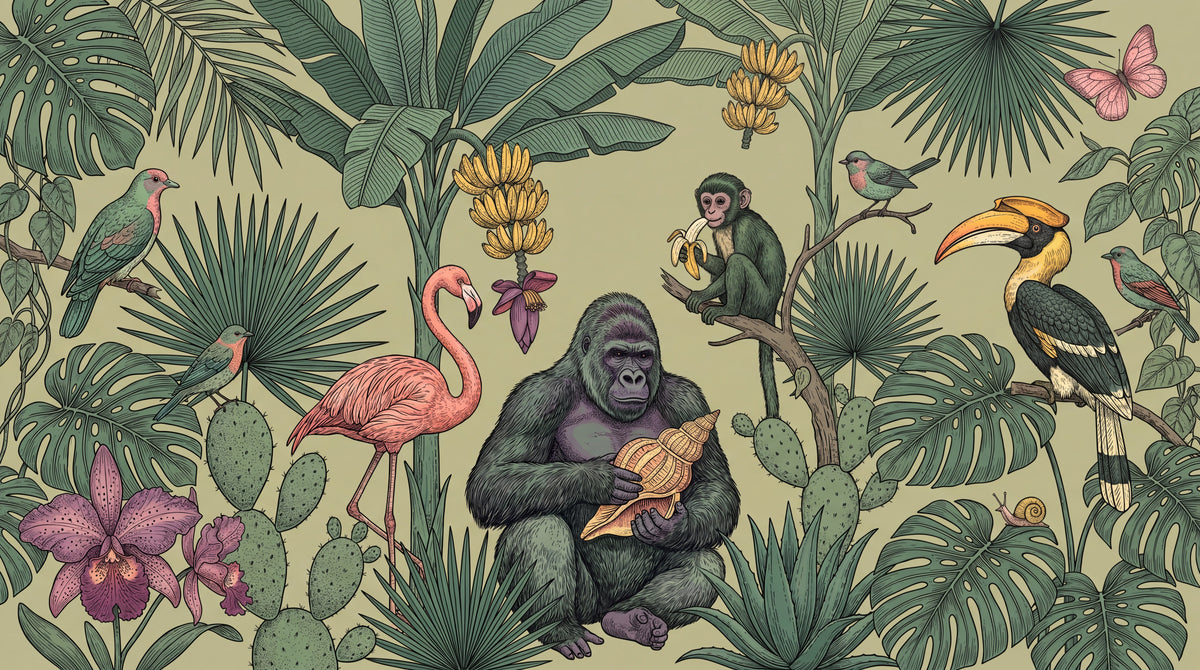 Banana Grove Chorus Green Monkey Wallpaper - Sage Green Animal Wallpaper Peel and Stick Mural - Design