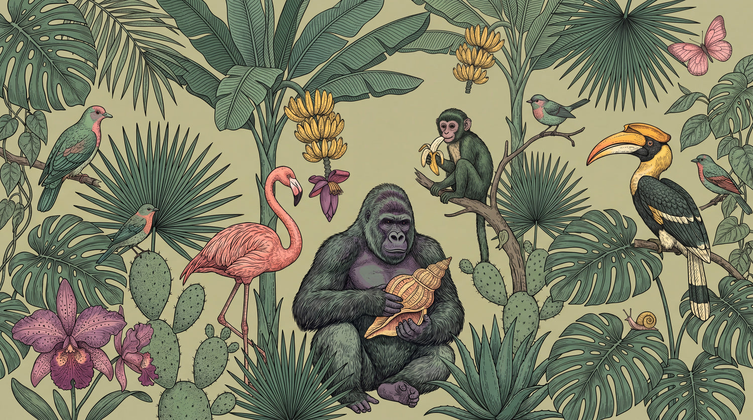 Banana Grove Chorus Green Monkey Wallpaper - Sage Green Animal Wallpaper Peel and Stick Mural - Design