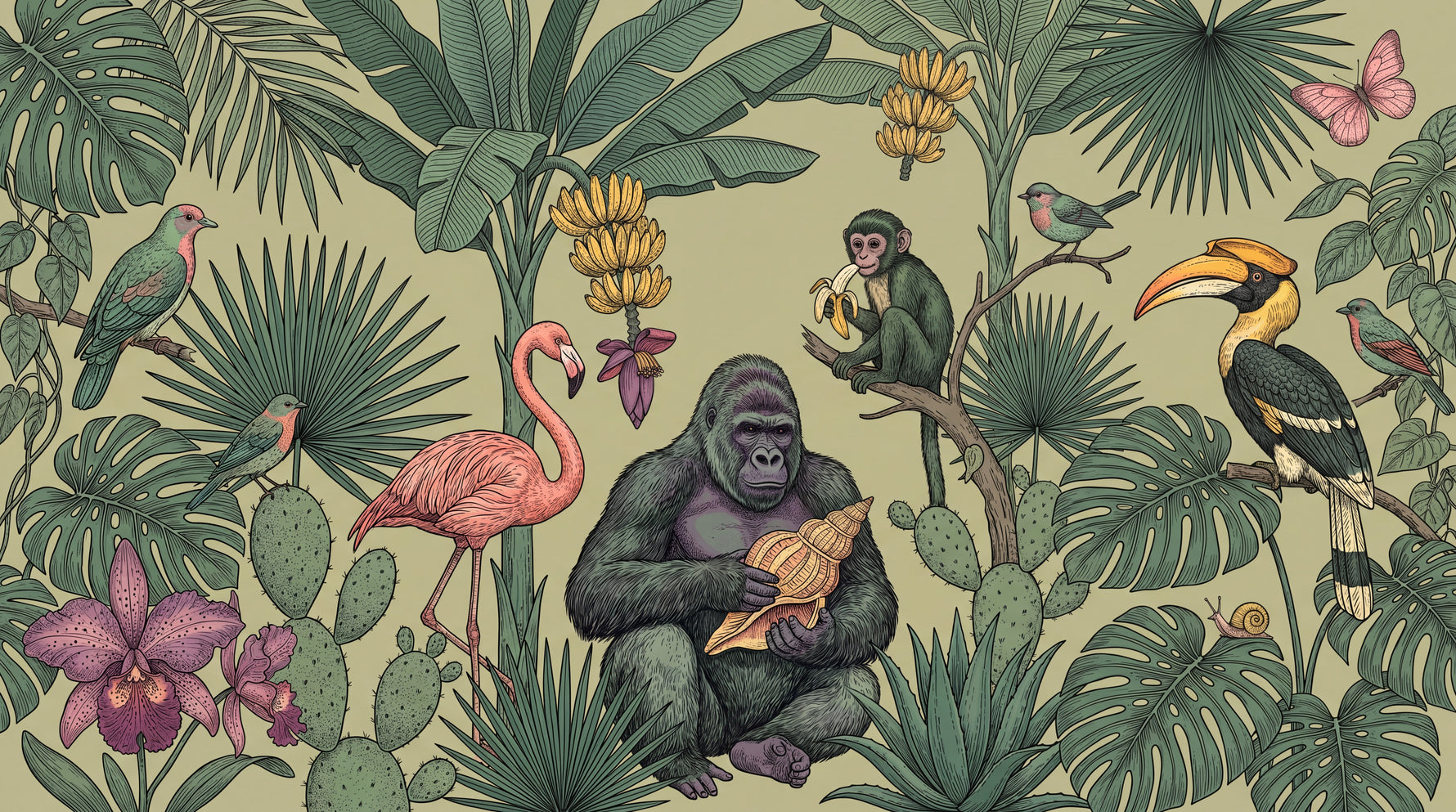 Banana Grove Chorus Green Monkey Wallpaper - Sage Green Animal Wallpaper Peel and Stick Mural - Design