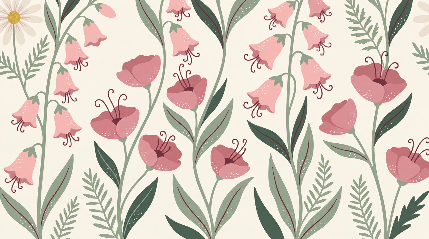 Bellflower Murmur Pink Flower Wallpaper - Green Floral Greenery Aesthetic Peel and Stick Wall Mural - Design