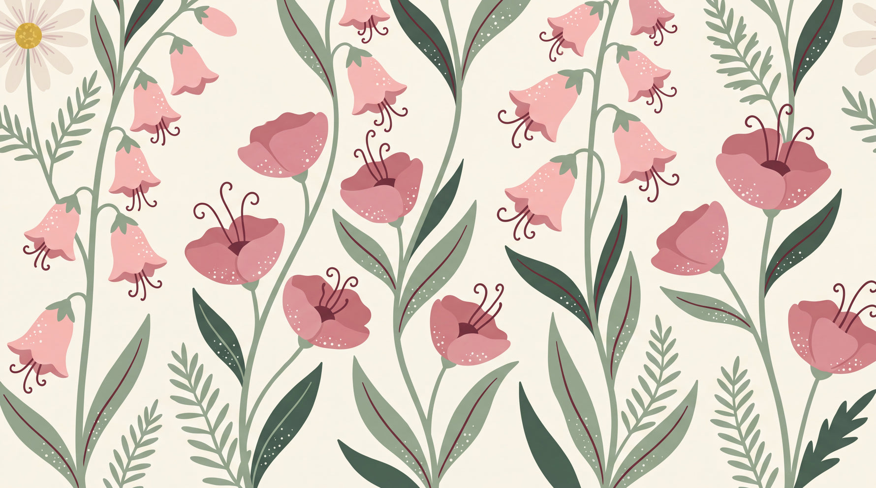 Bellflower Murmur Pink Flower Wallpaper - Green Floral Greenery Aesthetic Peel and Stick Wall Mural - Design