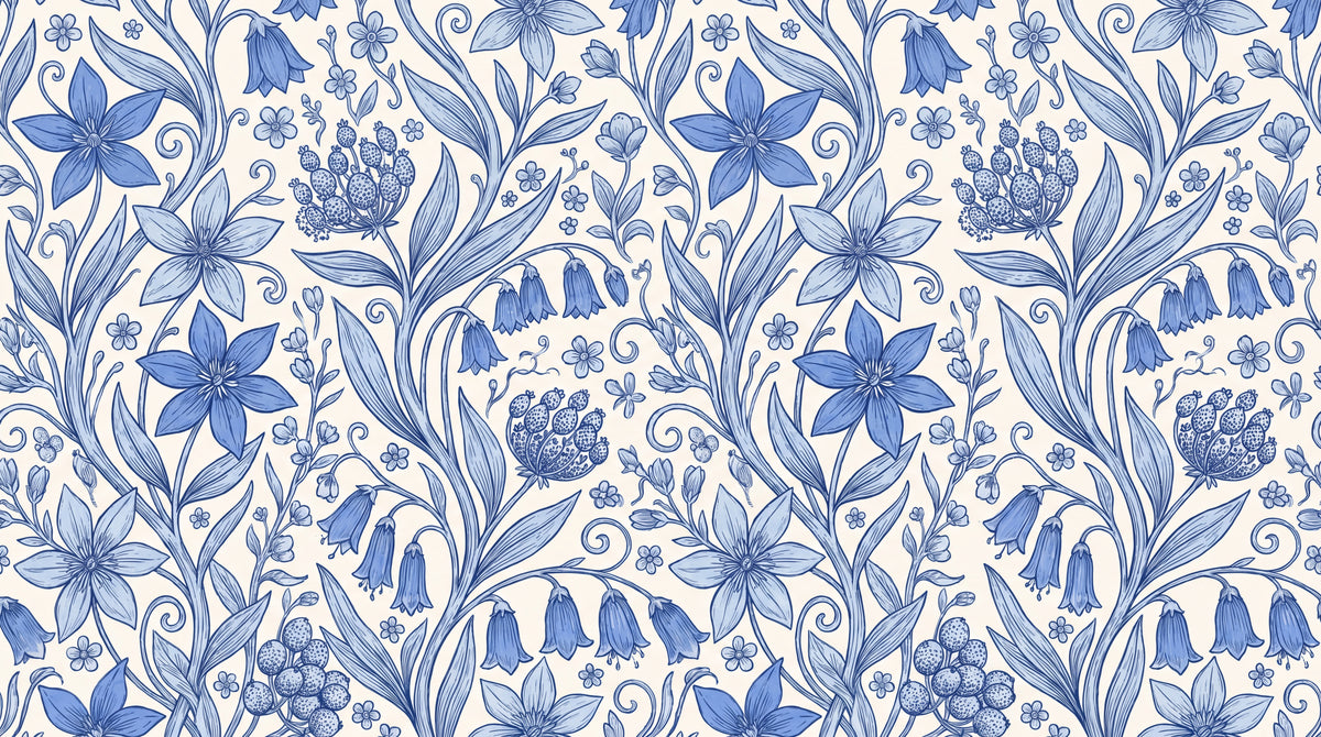 Bellflower Vinework Blue Floral Wallpaper - Vintage Flower Wall Mural Peel and Stick - Design
