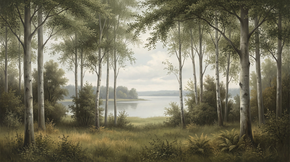 Birchwater Quietude Green Forest Wallpaper - Woodland Scenery Landscape Wall Mural Peel and Stick - Design