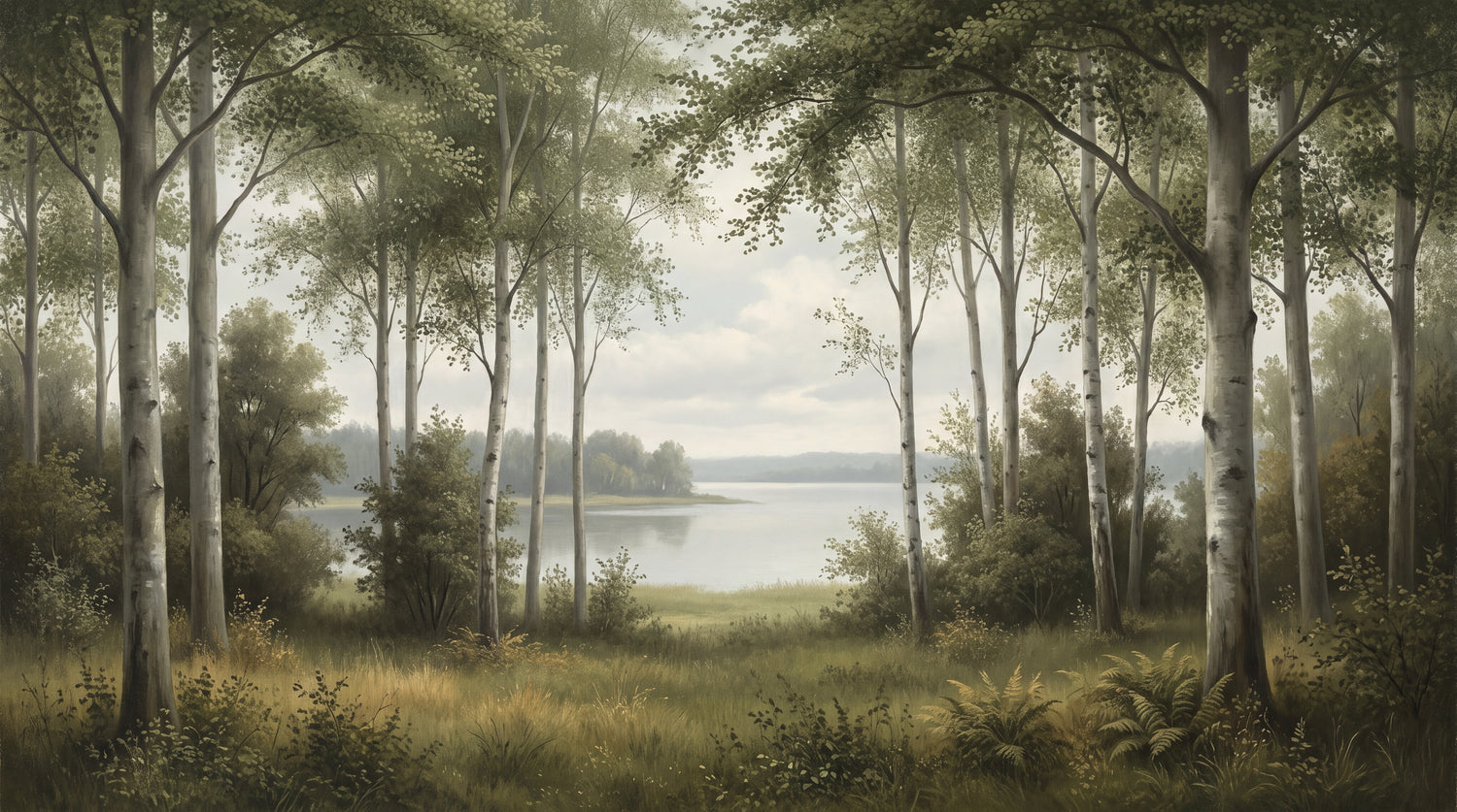 Birchwater Quietude Green Forest Wallpaper - Woodland Scenery Landscape Wall Mural Peel and Stick - Design