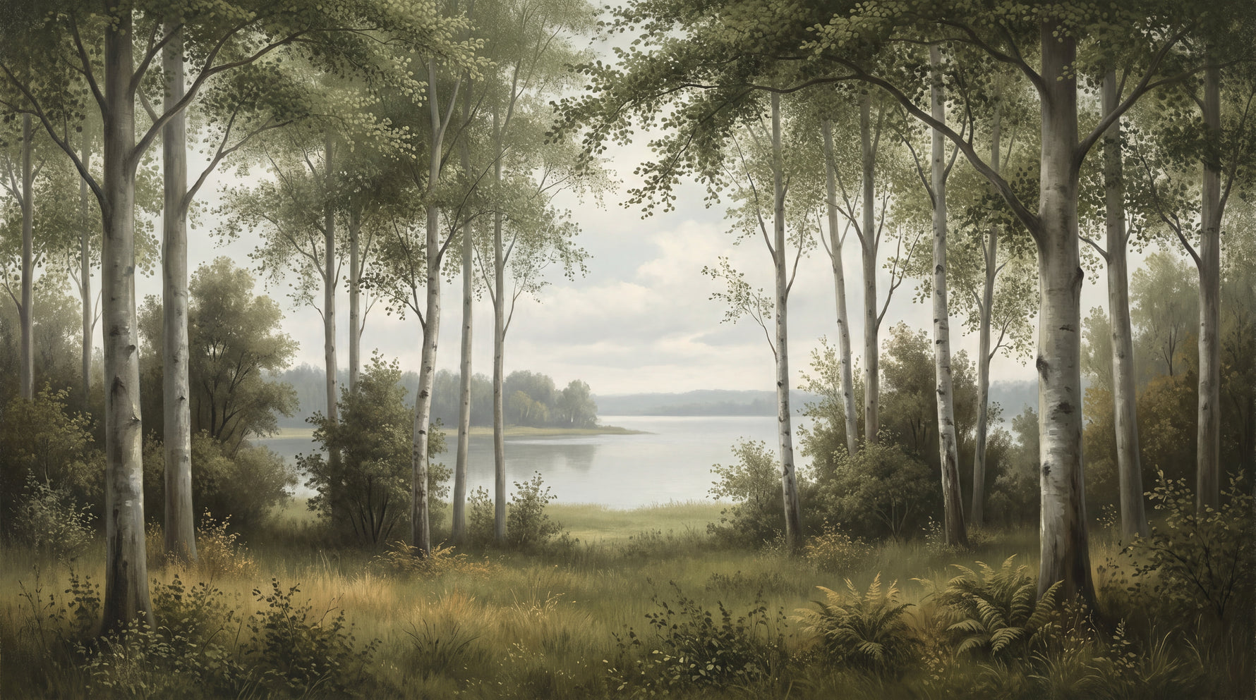 Birchwater Quietude Green Forest Wallpaper - Woodland Scenery Landscape Wall Mural Peel and Stick - Design
