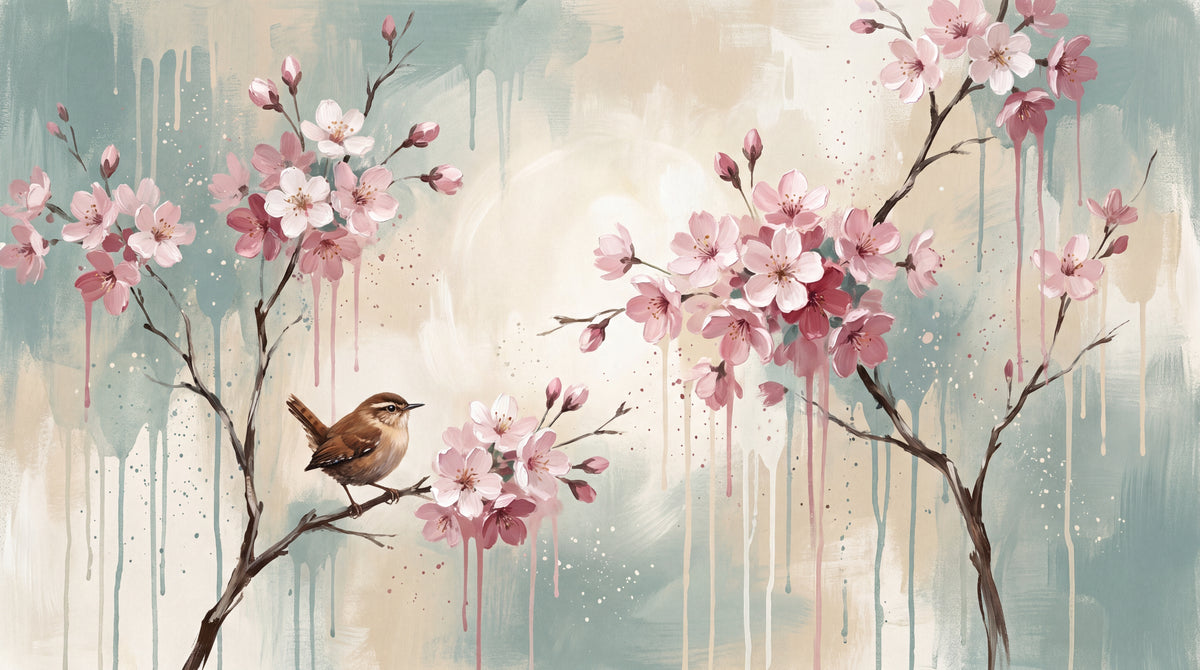 Bird in Petals Cherry Blossom Wallpaper - Floral Aesthetic Flower Peel and Stick Wall Mural - Design