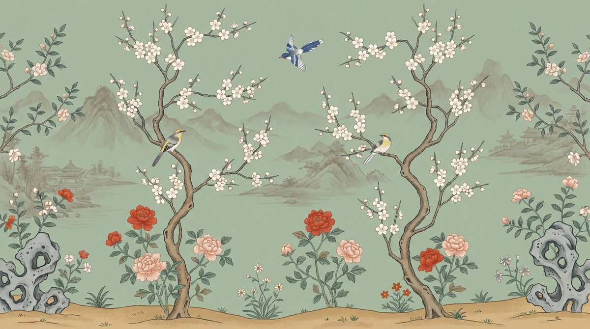 Blossom Pavilion Green Chinoiserie Wallpaper - Sage Botanical Japanese Greenery Peel and Stick Mural - Design