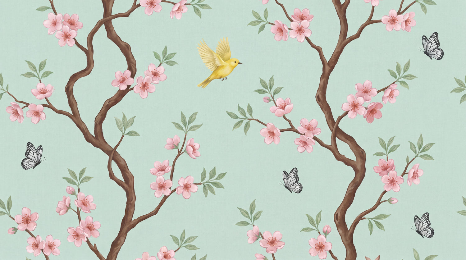 Blossom Reverie Pastel Cherry Blossom Wallpaper - Mint Green Chinoiserie Floral Japanese Botanical Peel and Stick - Design