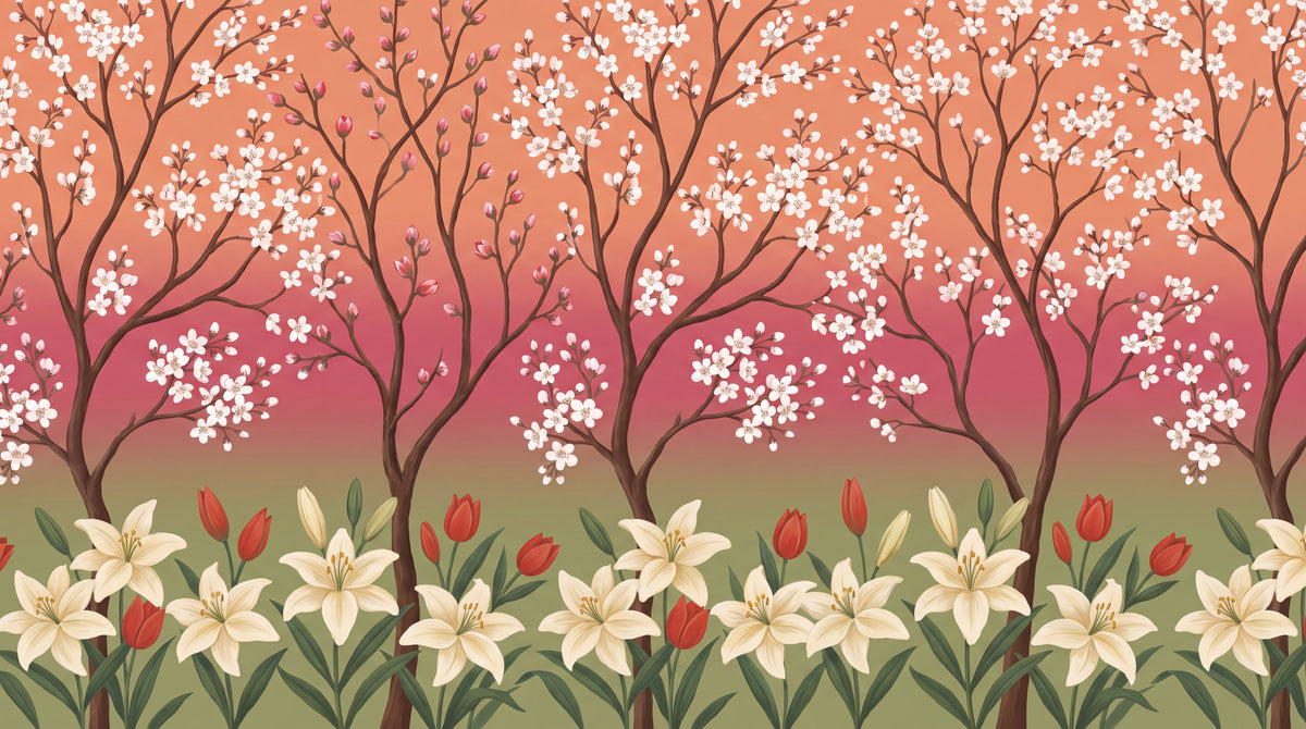 Blossom Reverie - Pink Cherry Blossom Wallpaper - Floral Chinoiserie Wall Mural Peel and Stick - Design