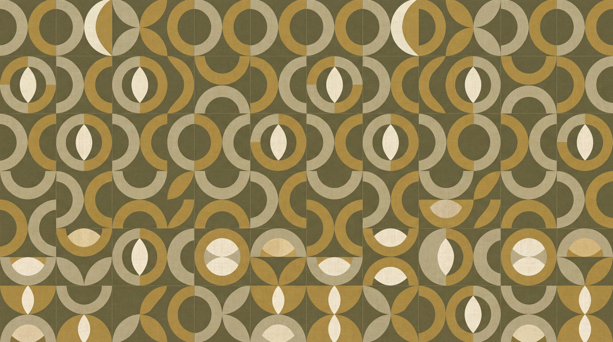 Brass Orbits Green Geometric Wallpaper - Retro Abstract Minimalist Peel and Stick Wall Mural - Design