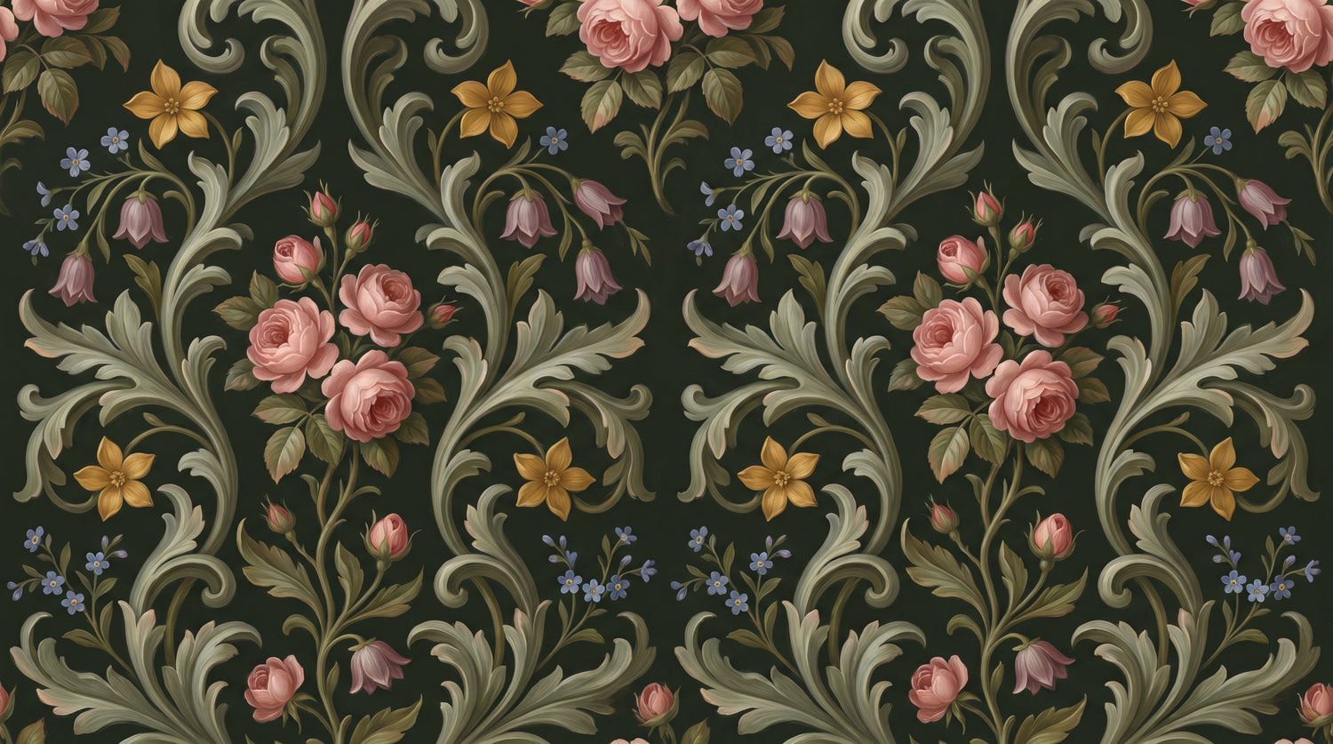 Briar Scrollwork Green Rose Wallpaper - Dark Green Victorian Damask Floral Peel and Stick Vintage - Design