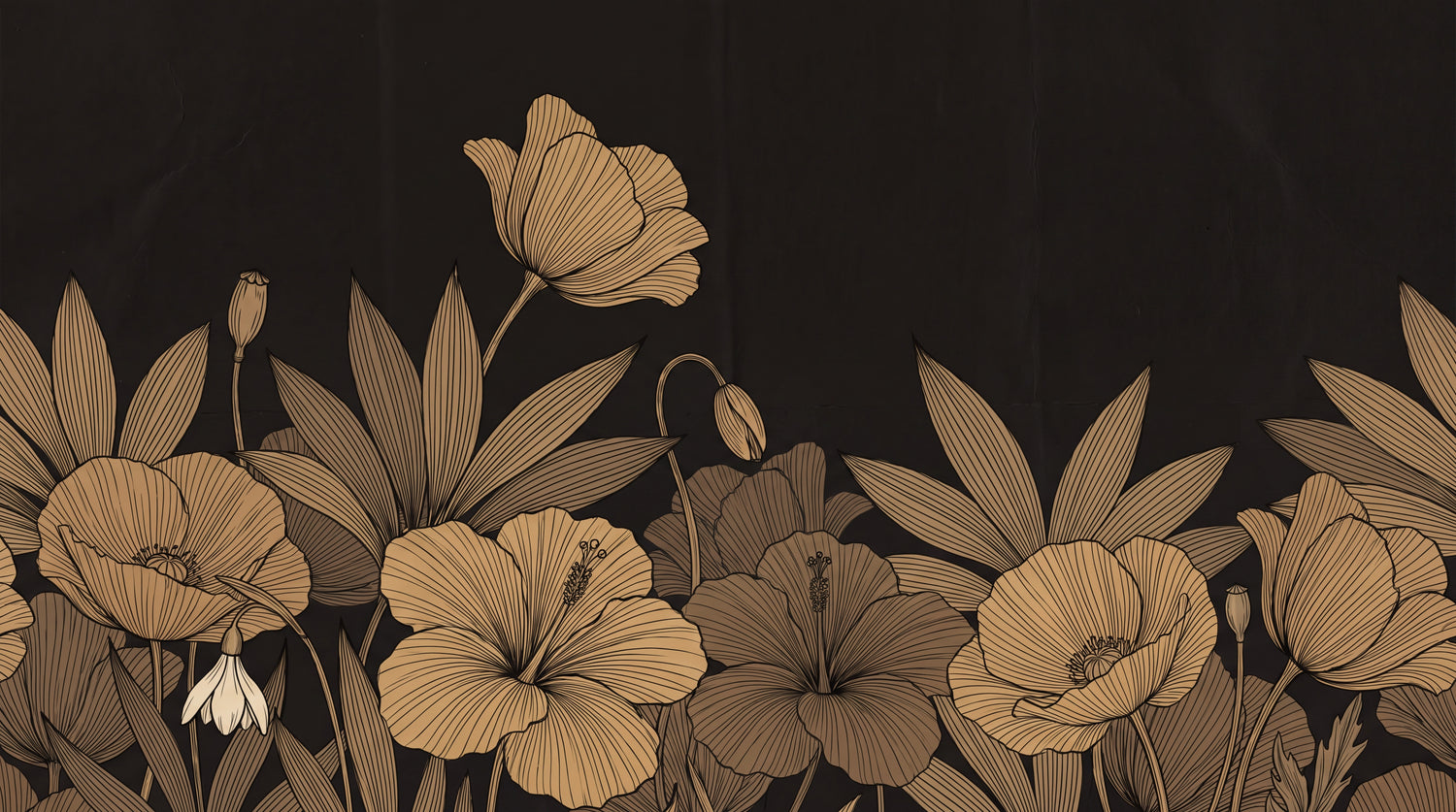 Bronzed Tulipa Dark Floral Wallpaper - Black Flower Vintage Wall Mural Peel and Stick - Design