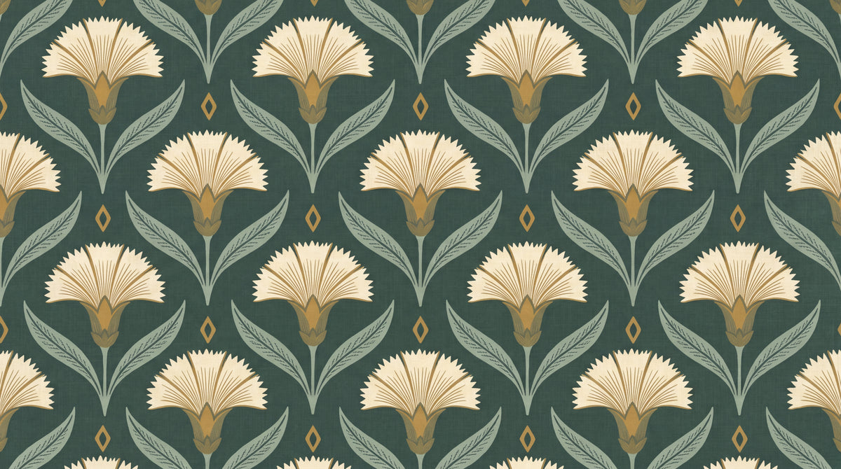 Carnation Fanfare Green Floral Wallpaper - Vintage Botanical Victorian Peel and Stick - Design