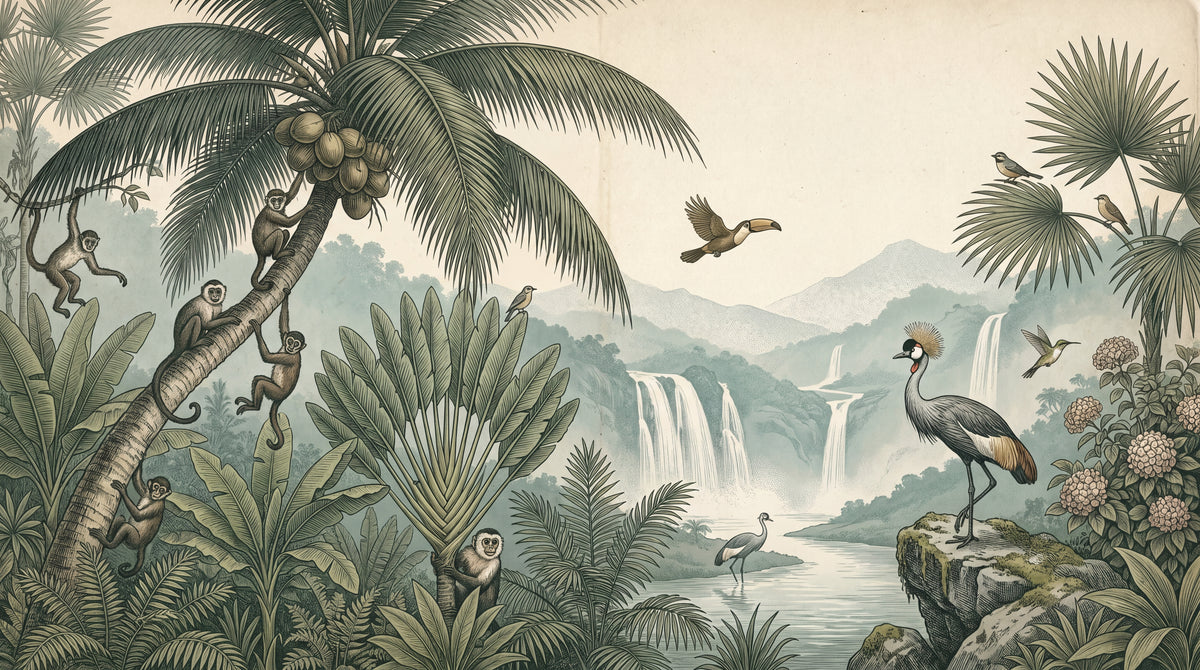 Cascade Reverie Green Tropical Wallpaper - Jungle Palm Tree Botanical Leaf Wall Mural - Design