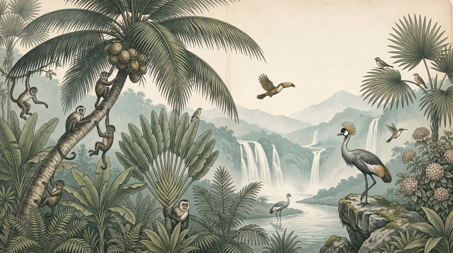 Cascade Reverie Green Tropical Wallpaper - Jungle Palm Tree Botanical Leaf Wall Mural - Design