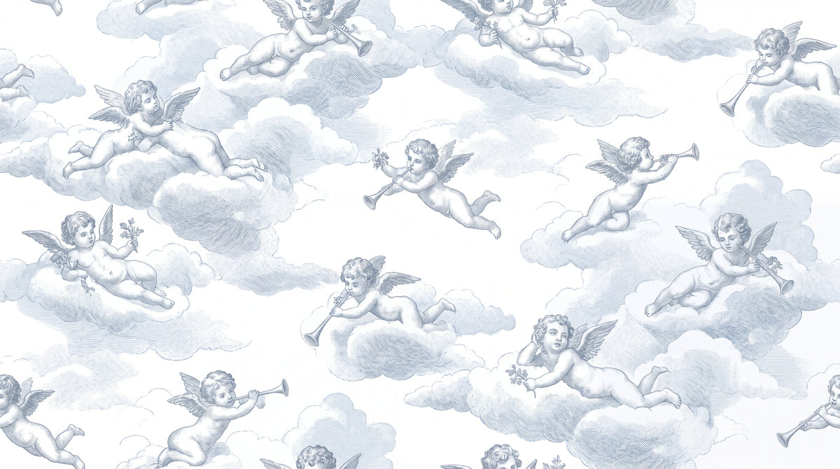 Cherub Chorus Blue Cloud Wallpaper - Vintage Sky Wallpaper Peel and Stick Victorian Damask Mural - Design