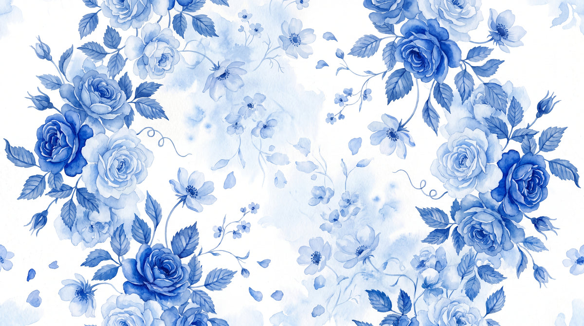 Cobalt Reverie Blue Floral Wallpaper - Blue and White Rose Vintage Flower Peel and Stick - Design