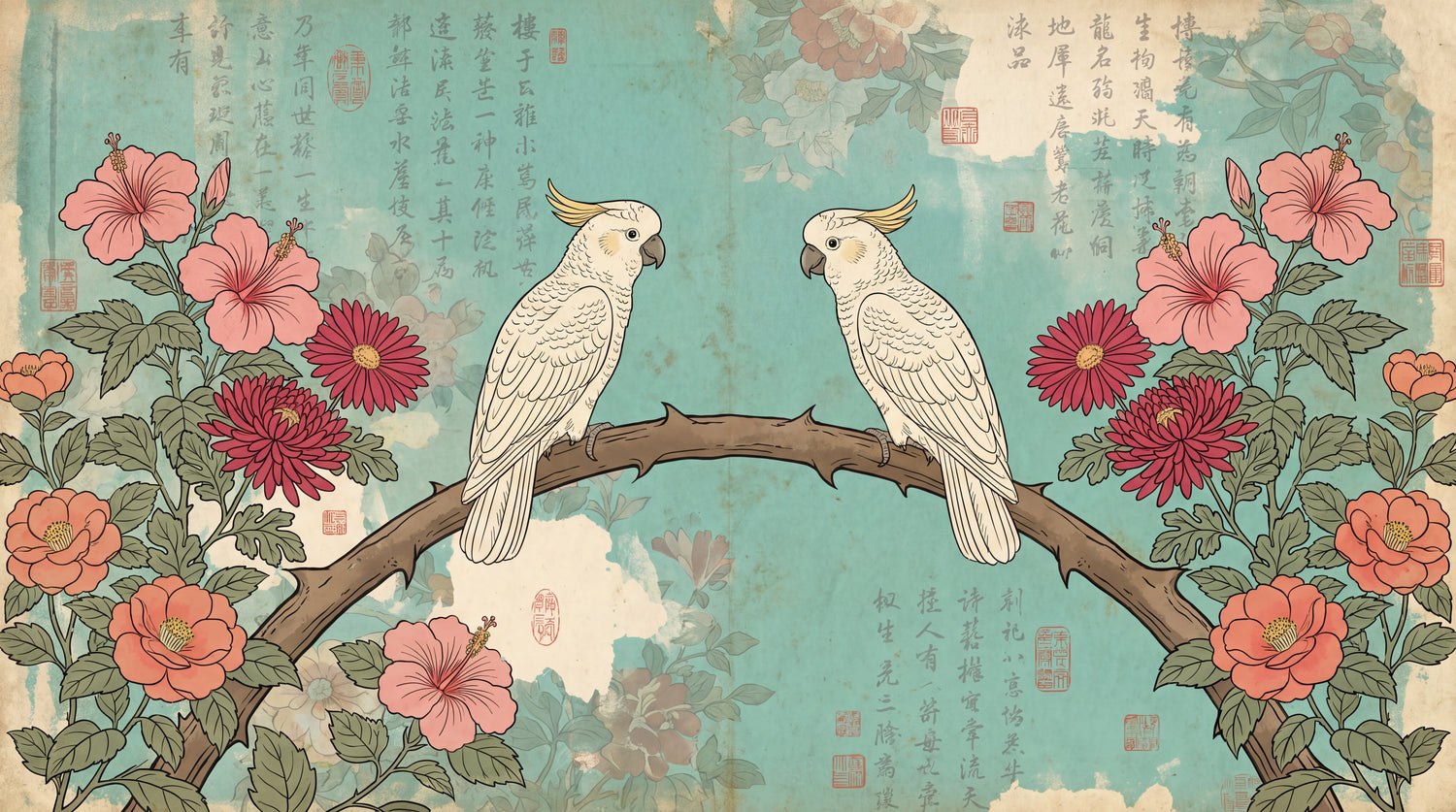 Cockatoo Verses Blue Chinoiserie Wallpaper - Vintage Floral Botanical Japanese Peel and Stick Mural - Design