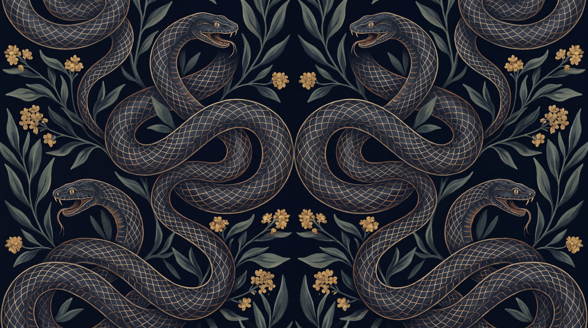 Coiled Fable Dark Gothic Wallpaper - Dark Academia Damask Botanical Leaf Peel and Stick Mural - Design