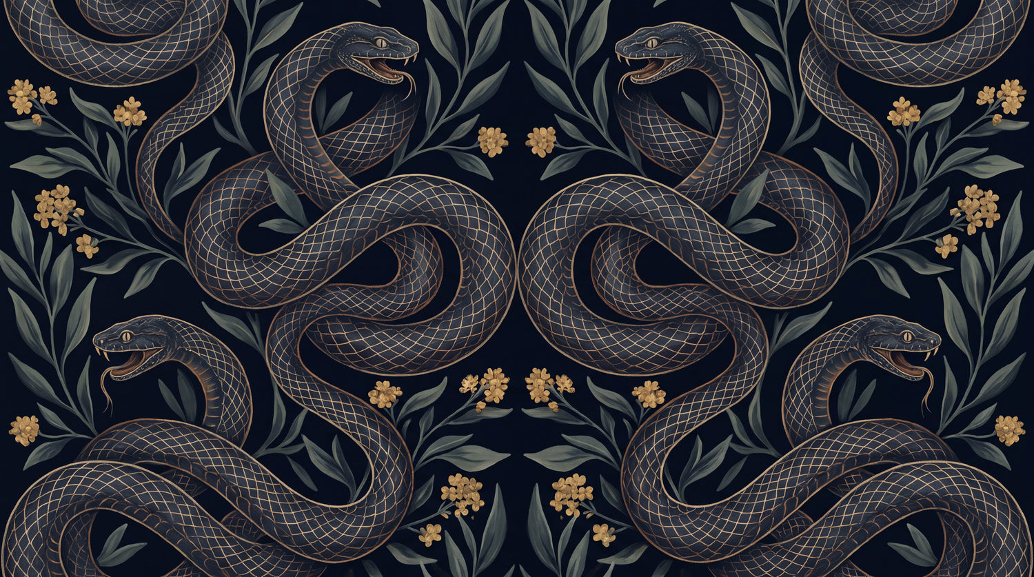Coiled Fable Dark Gothic Wallpaper - Dark Academia Damask Botanical Leaf Peel and Stick Mural - Design